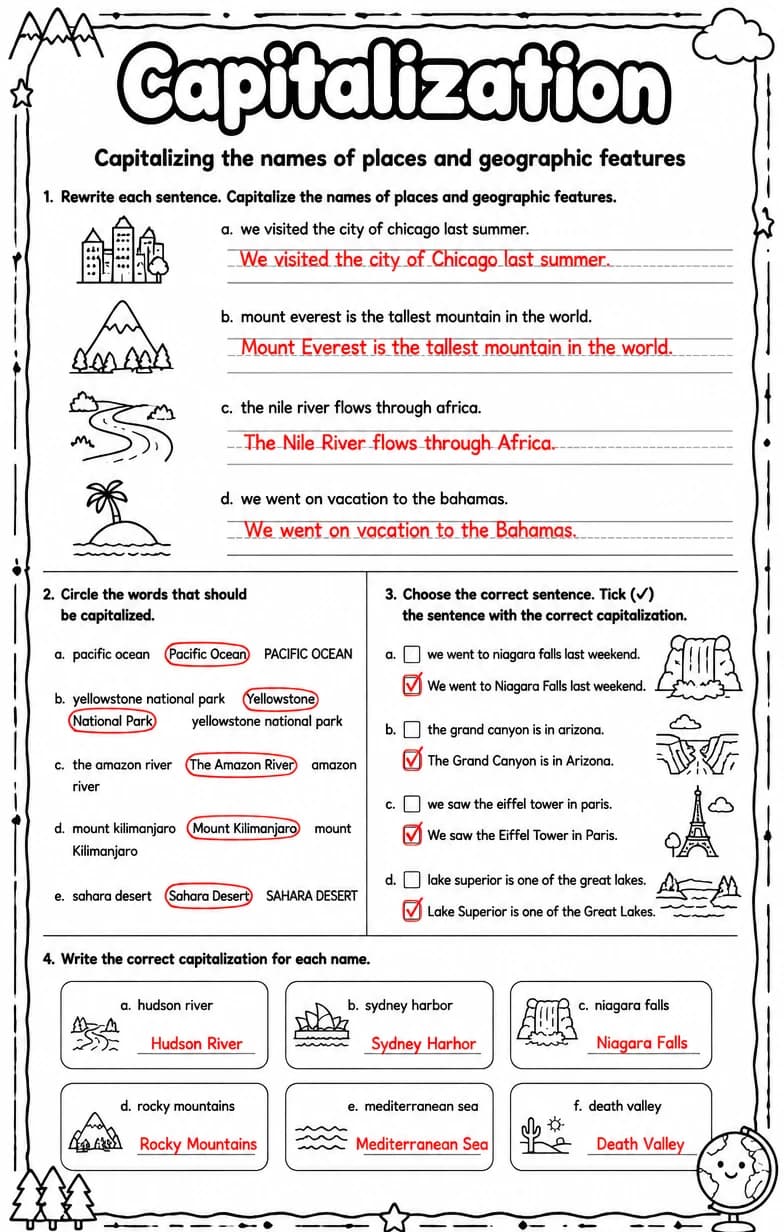 Answer key for Capitalizing the names of places and geographic features — free printable English & Reading worksheet