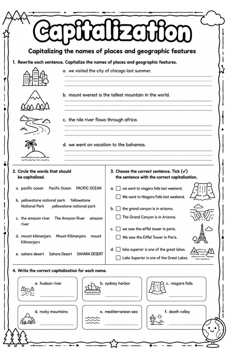 Capitalizing the names of places and geographic features — free printable Grade 4 English & Reading worksheet