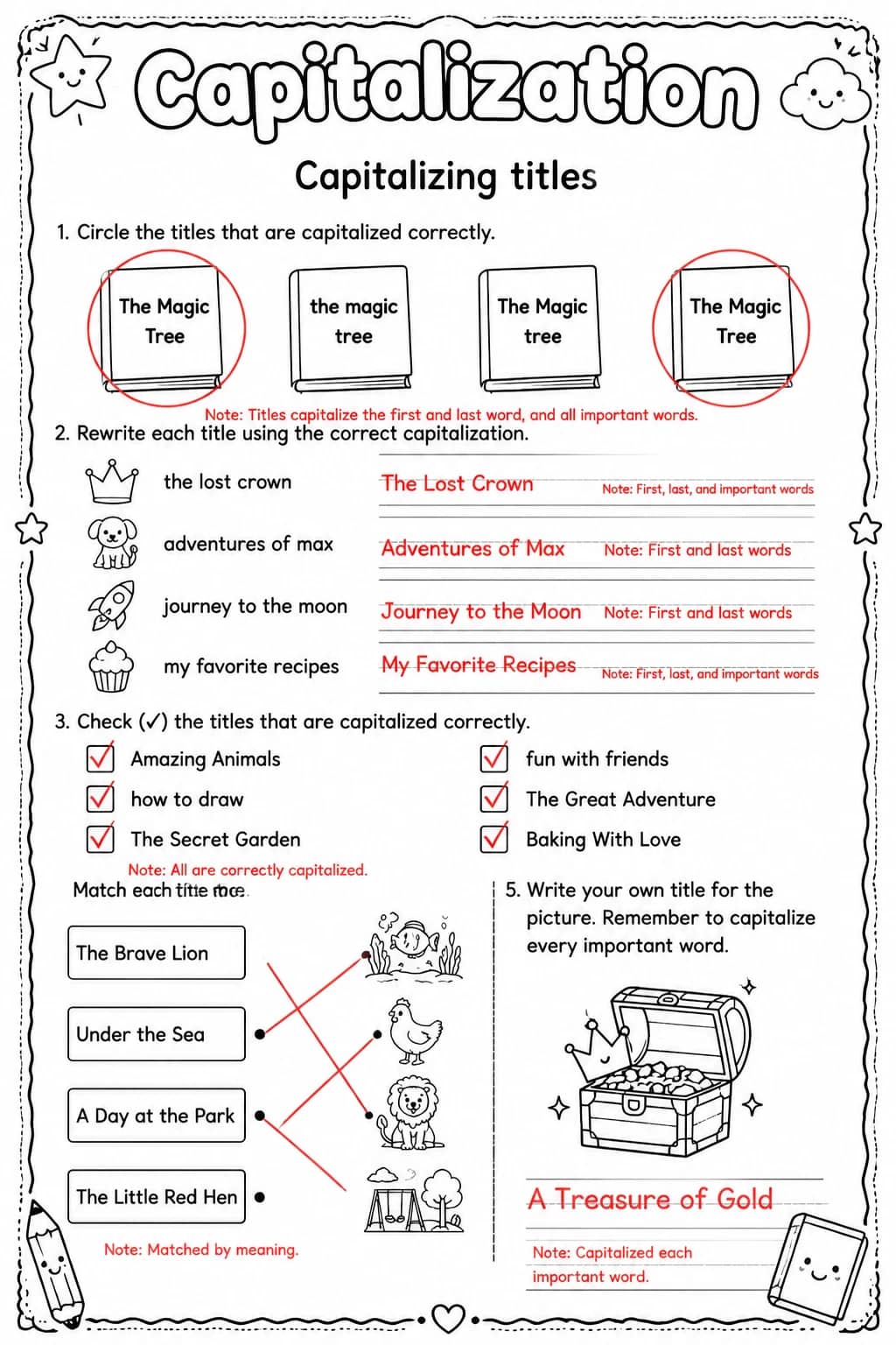 Answer key for Capitalizing titles — free printable English & Reading worksheet