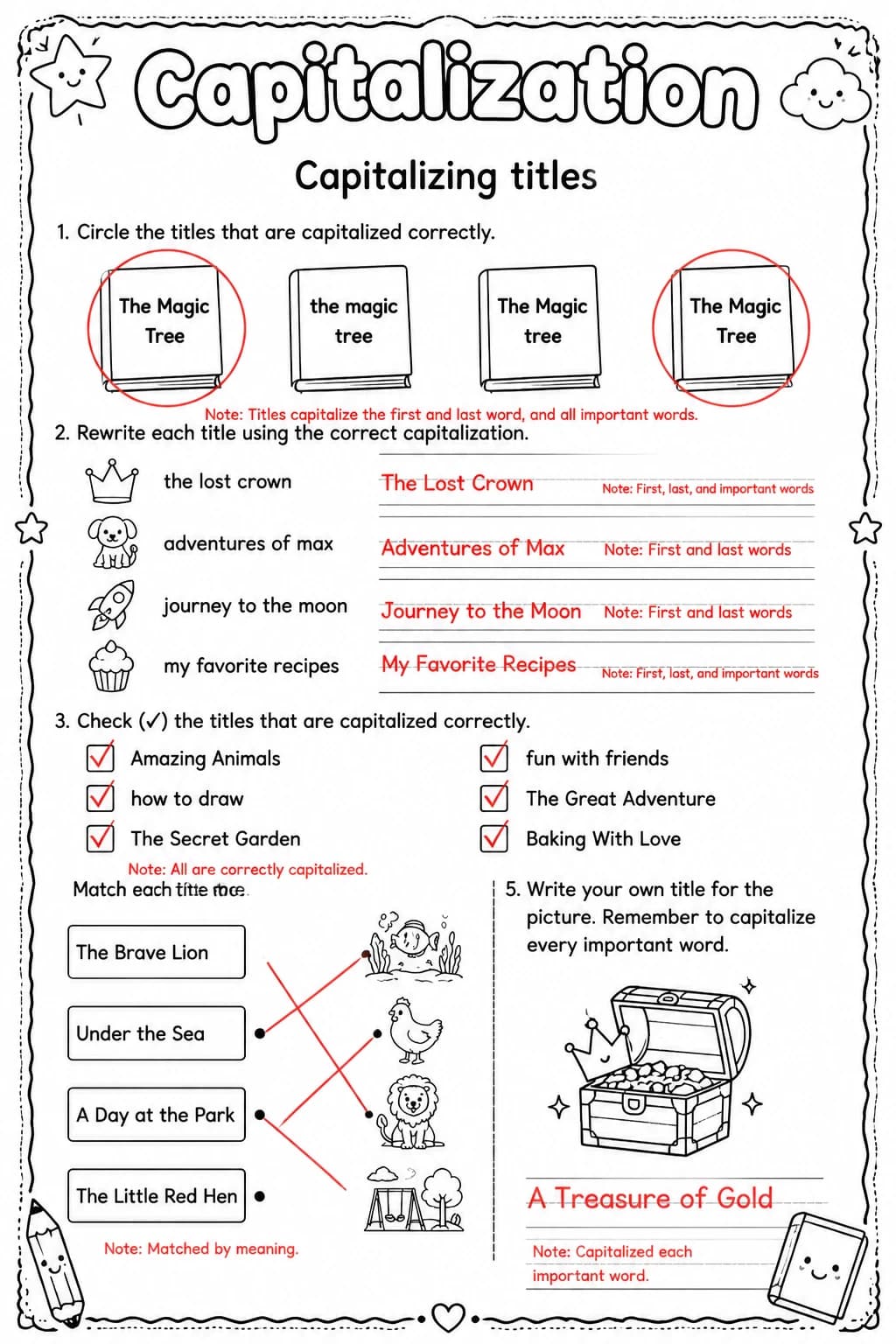 Answer key for Capitalizing titles — free printable English & Reading worksheet