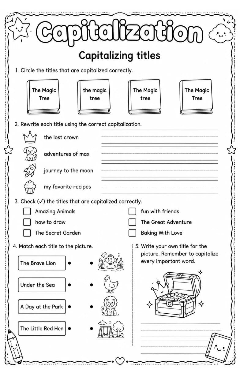 Capitalizing titles — free printable Grade 2 English & Reading worksheet