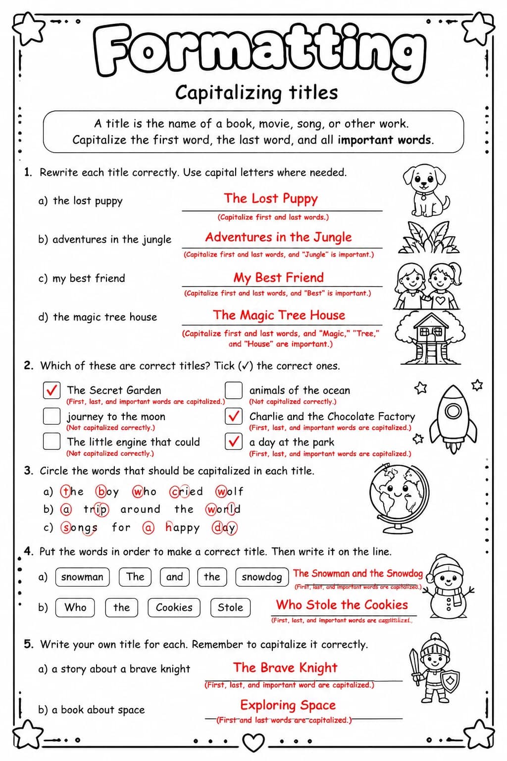 Answer key for Capitalizing titles — free printable English & Reading worksheet
