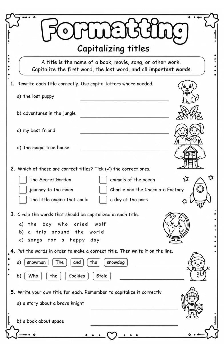 Capitalizing titles — free printable Grade 3 English & Reading worksheet