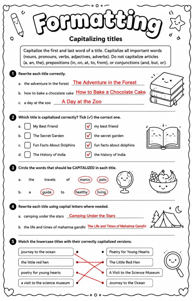Answer key for Capitalizing titles — free printable English & Reading worksheet