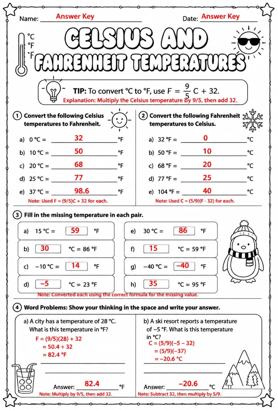 Answer key for Celsius and Fahrenheit temperatures — free printable Math worksheet