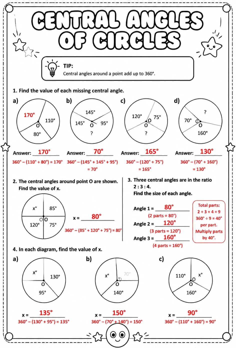 Answer key for Central angles of circles — free printable Math worksheet