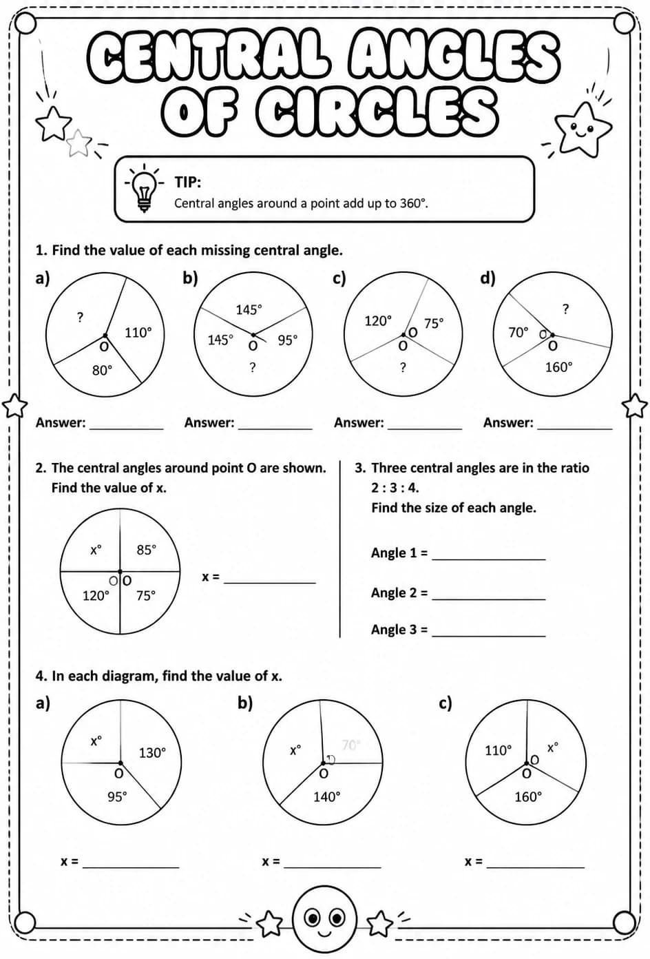 Central angles of circles — free printable Grade 7 math worksheet