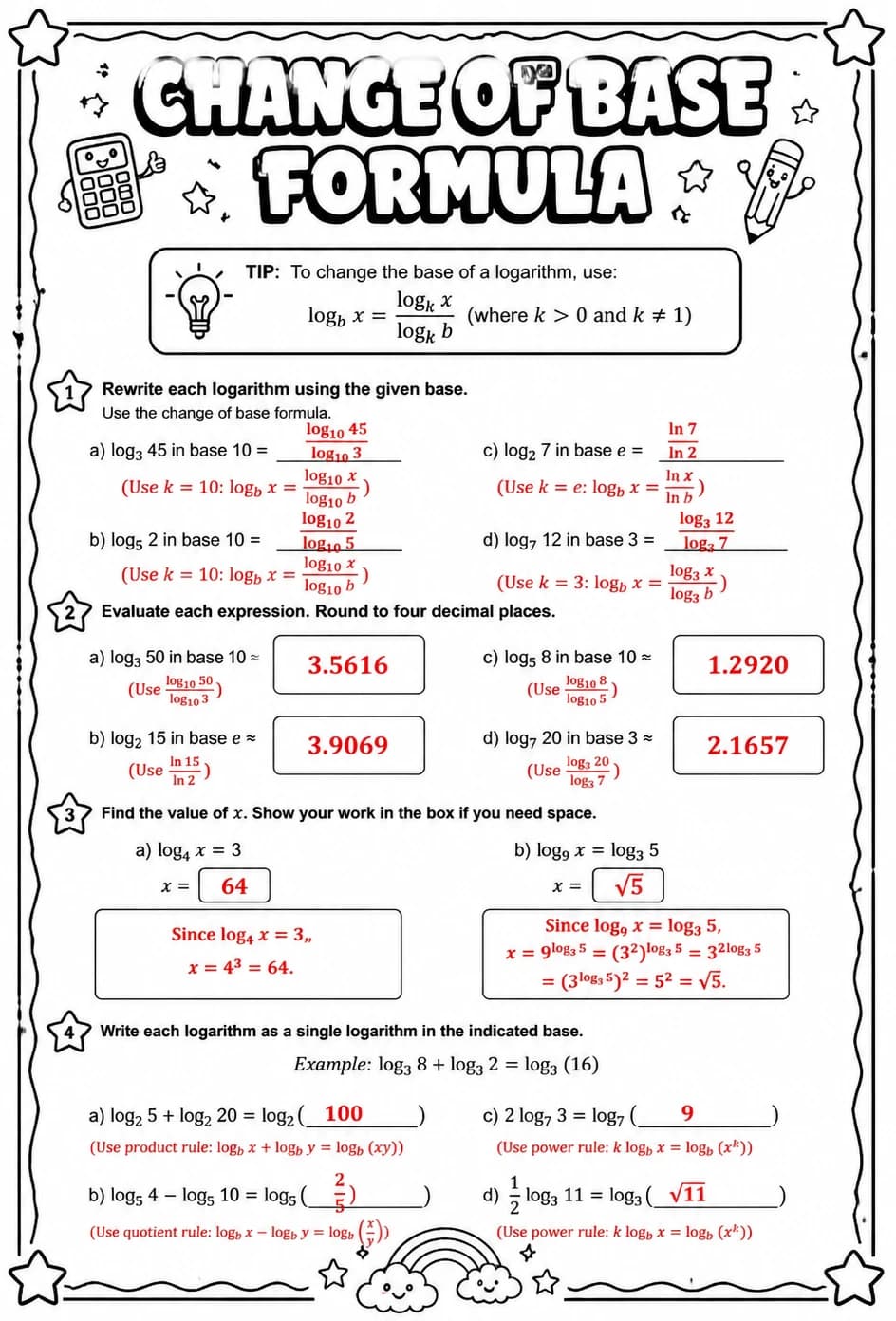 Answer key for Change of base formula — free printable Math worksheet