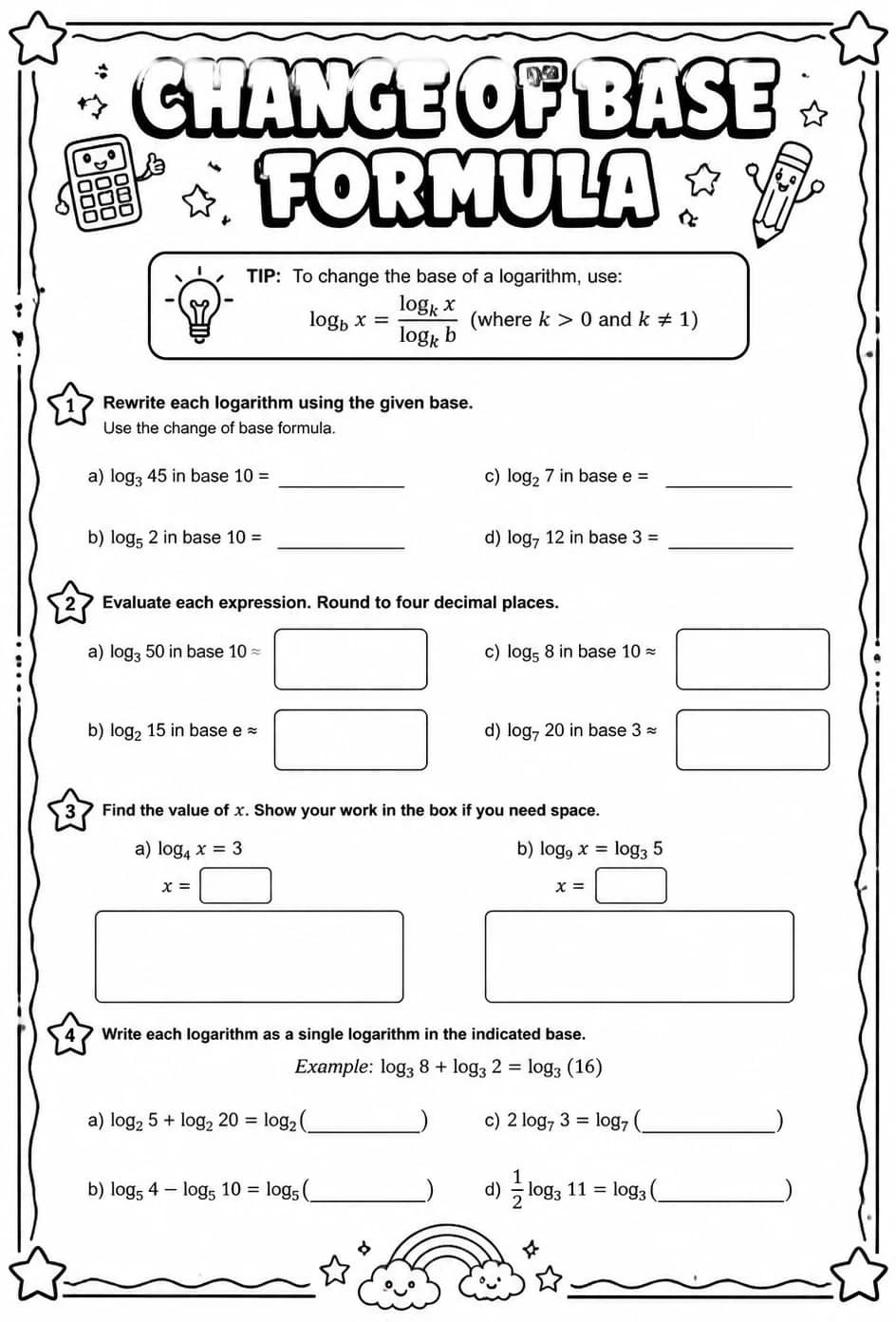 Change of base formula — free printable Algebra 2 math worksheet