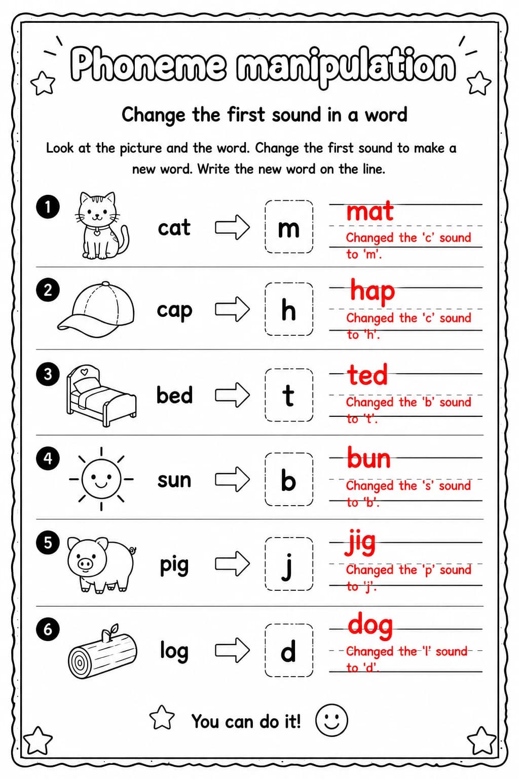Answer key for Change the first sound in a word — free printable English & Reading worksheet