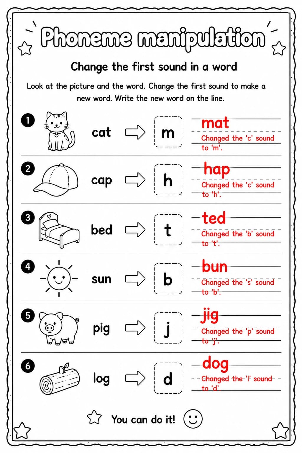 Answer key for Change the first sound in a word — free printable English & Reading worksheet