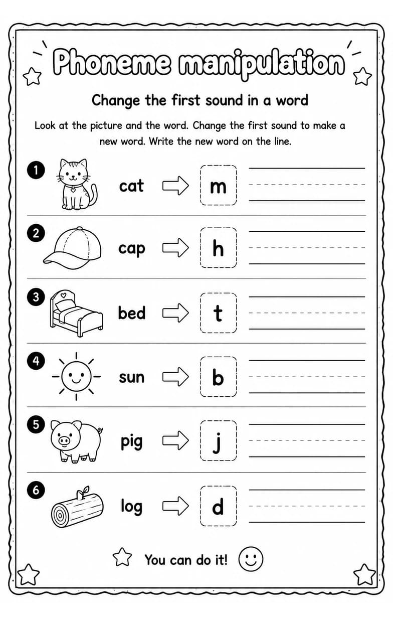 Change the first sound in a word — free printable Reading foundations English worksheet