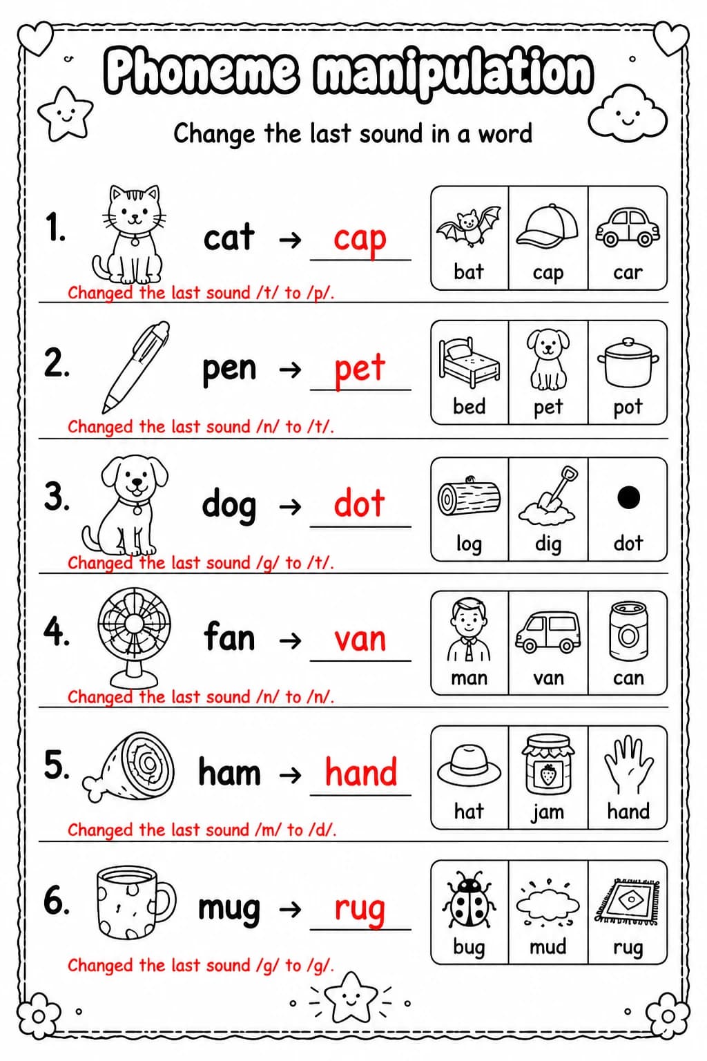 Answer key for Change the last sound in a word — free printable English & Reading worksheet