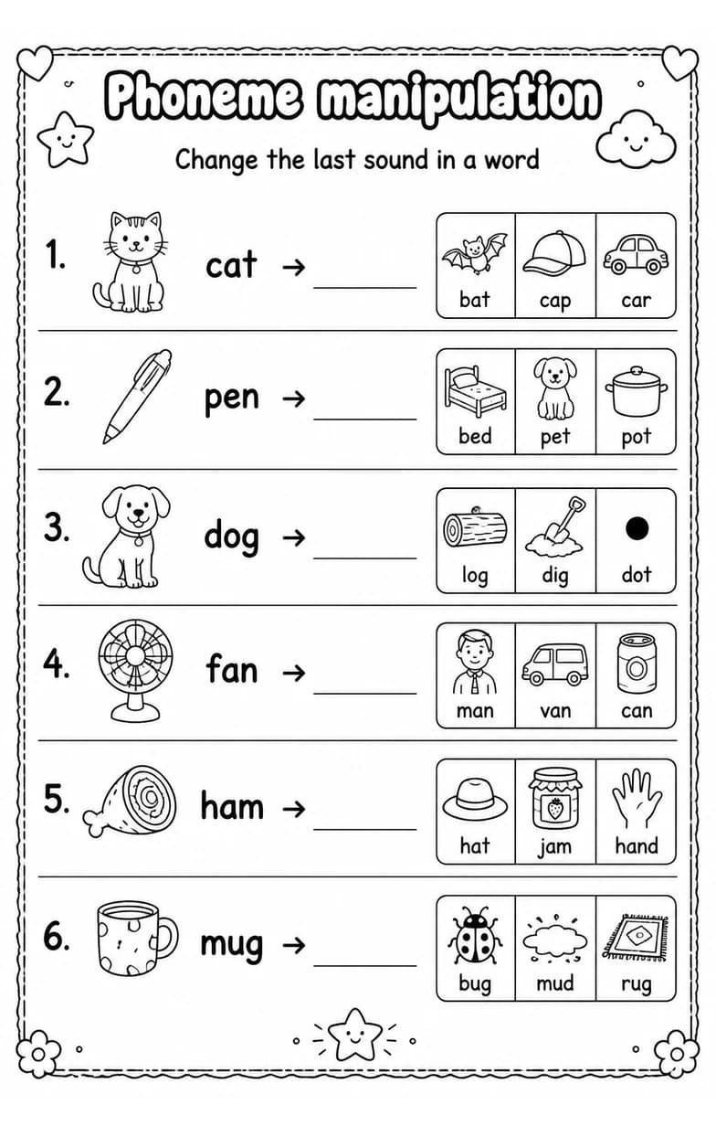 Change the last sound in a word — free printable Grade 1 English & Reading worksheet