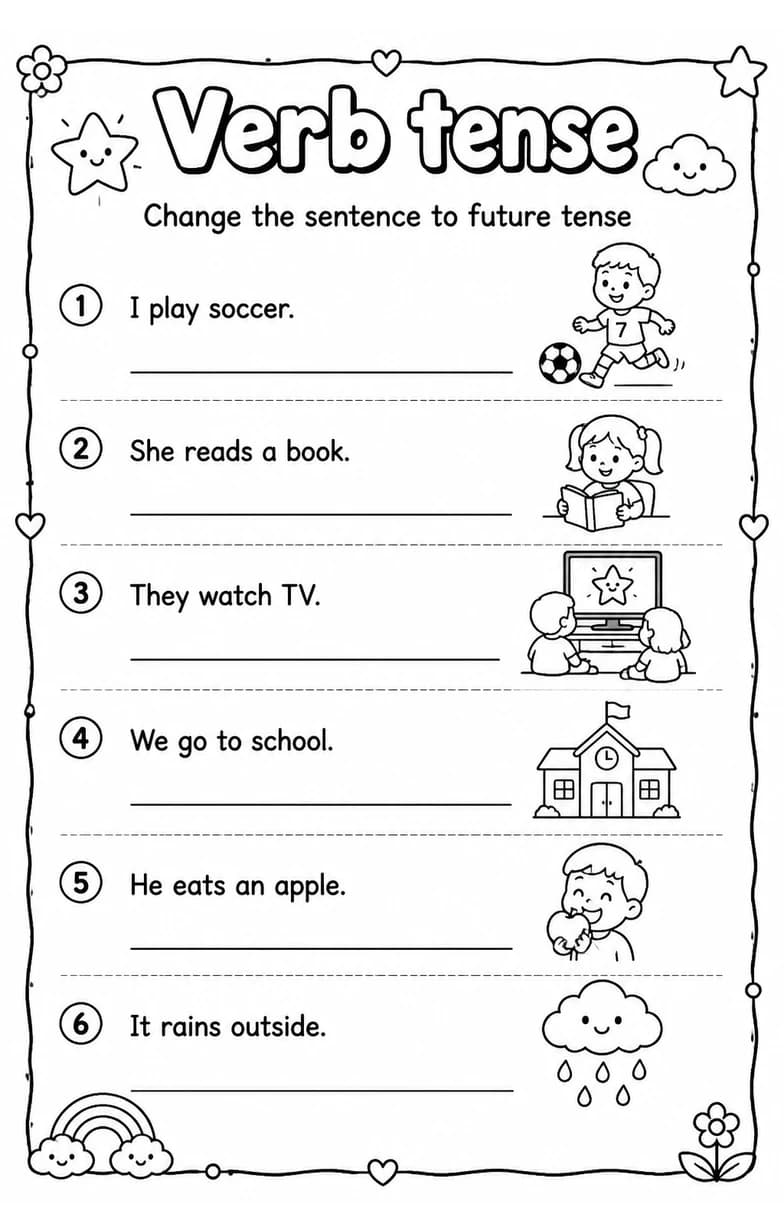 Change the sentence to future tense — free printable Grade 2 English & Reading worksheet