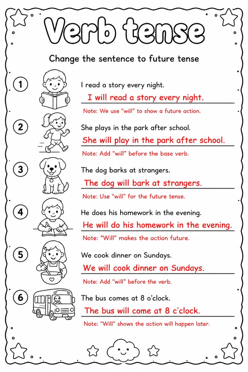 Answer key for Change the sentence to future tense — free printable English & Reading worksheet