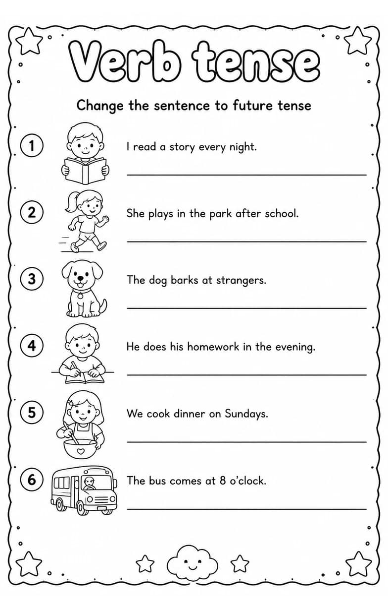 Change the sentence to future tense — free printable Grammar and mechanics English worksheet