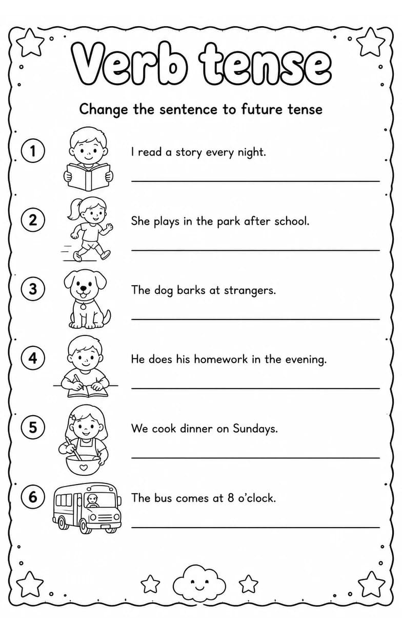 Change the sentence to future tense — free printable Grammar and mechanics English worksheet