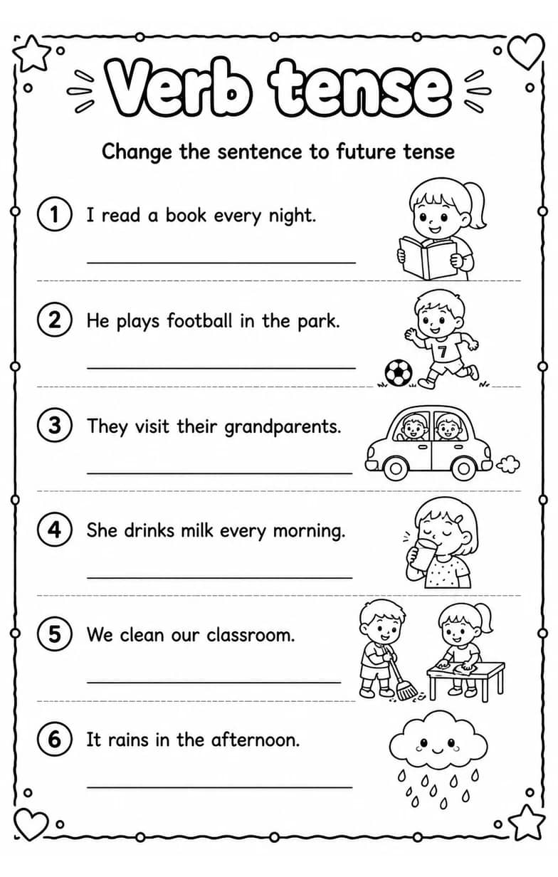 Change the sentence to future tense — free printable Grammar and mechanics English worksheet