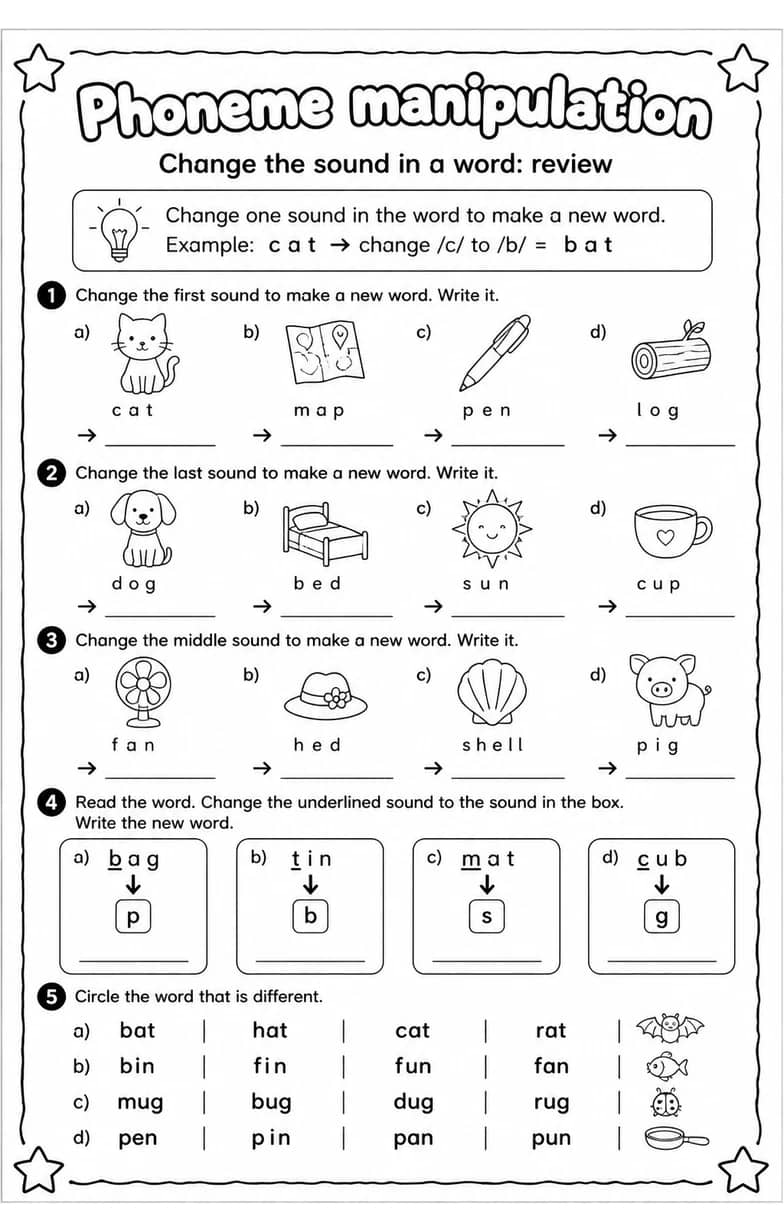 Change the sound in a word: review — free printable Reading foundations English worksheet