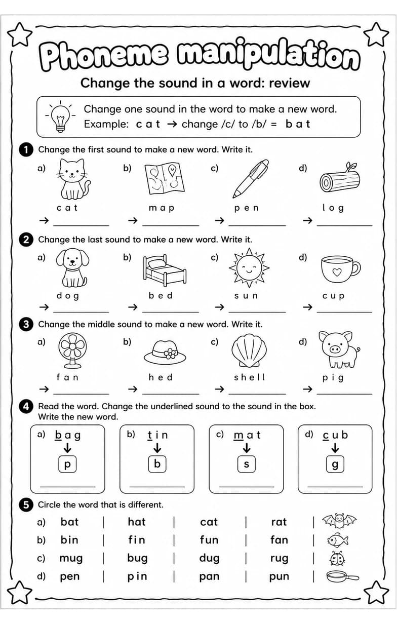 Change the sound in a word: review — free printable Grade 1 English & Reading worksheet
