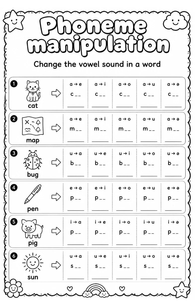Change the vowel sound in a word — free printable Grade 1 English & Reading worksheet
