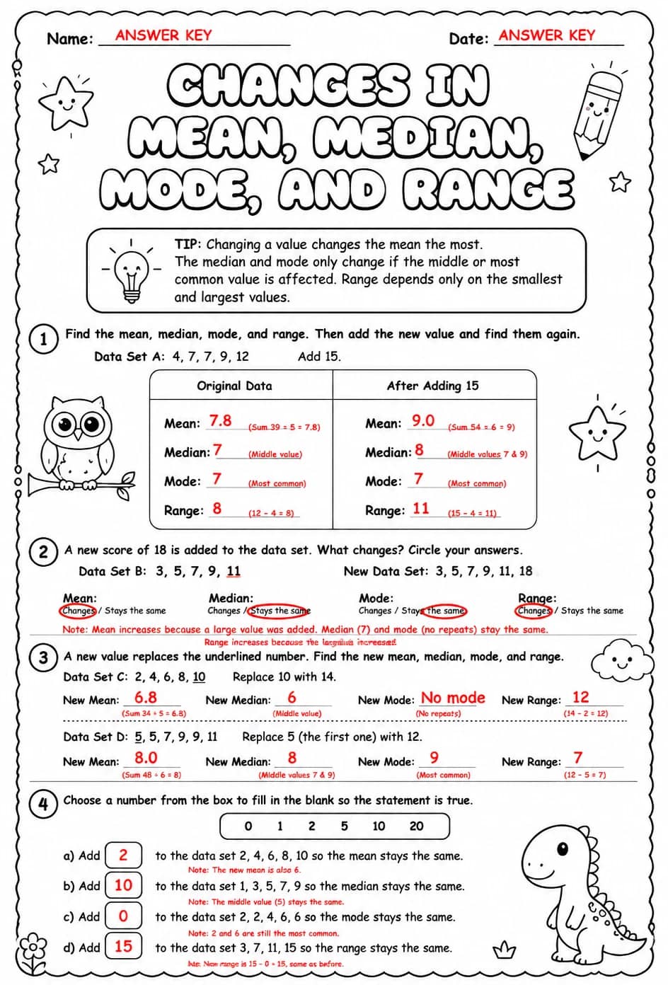 Answer key for Changes in mean, median, mode, and range — free printable Math worksheet