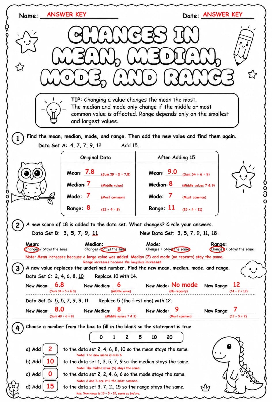 Answer key for Changes in mean, median, mode, and range — free printable Math worksheet