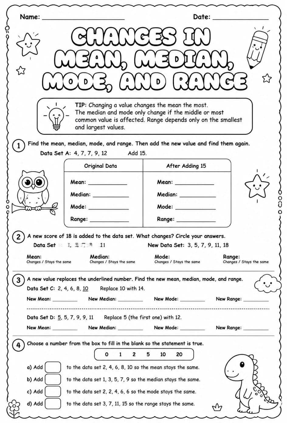 Changes in mean, median, mode, and range — free printable Grade 6 math worksheet
