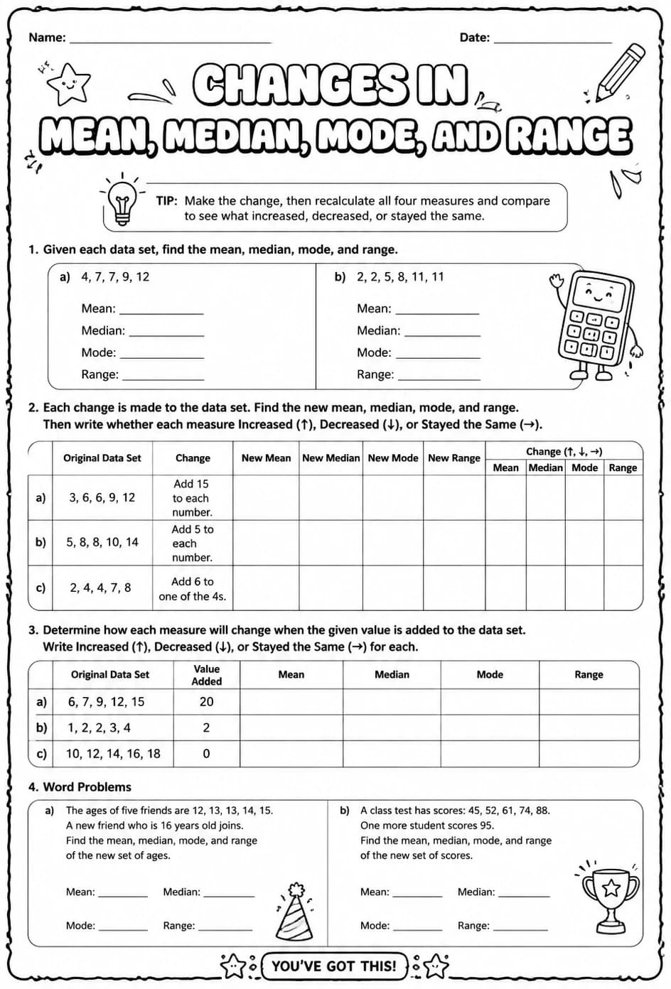 Changes in mean, median, mode, and range — free printable Grade 7 math worksheet