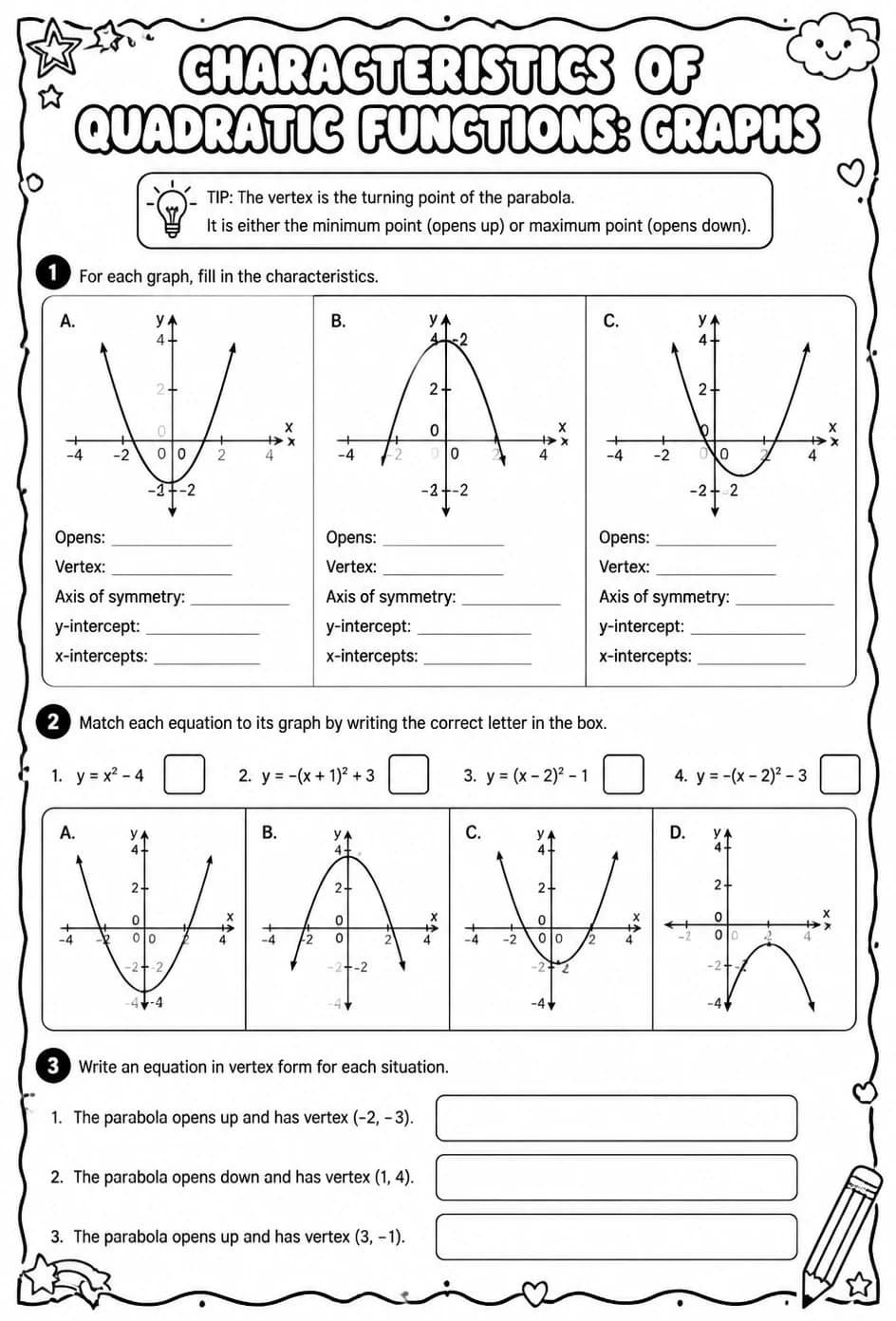 Characteristics of quadratic functions: graphs — free printable Algebra 1 math worksheet