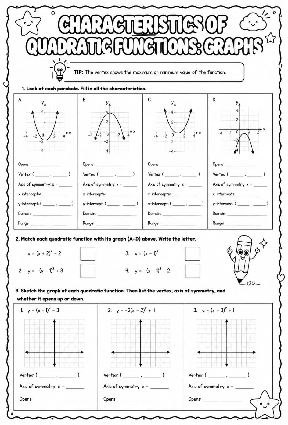 Characteristics of quadratic functions: graphs — free printable Algebra 2 math worksheet
