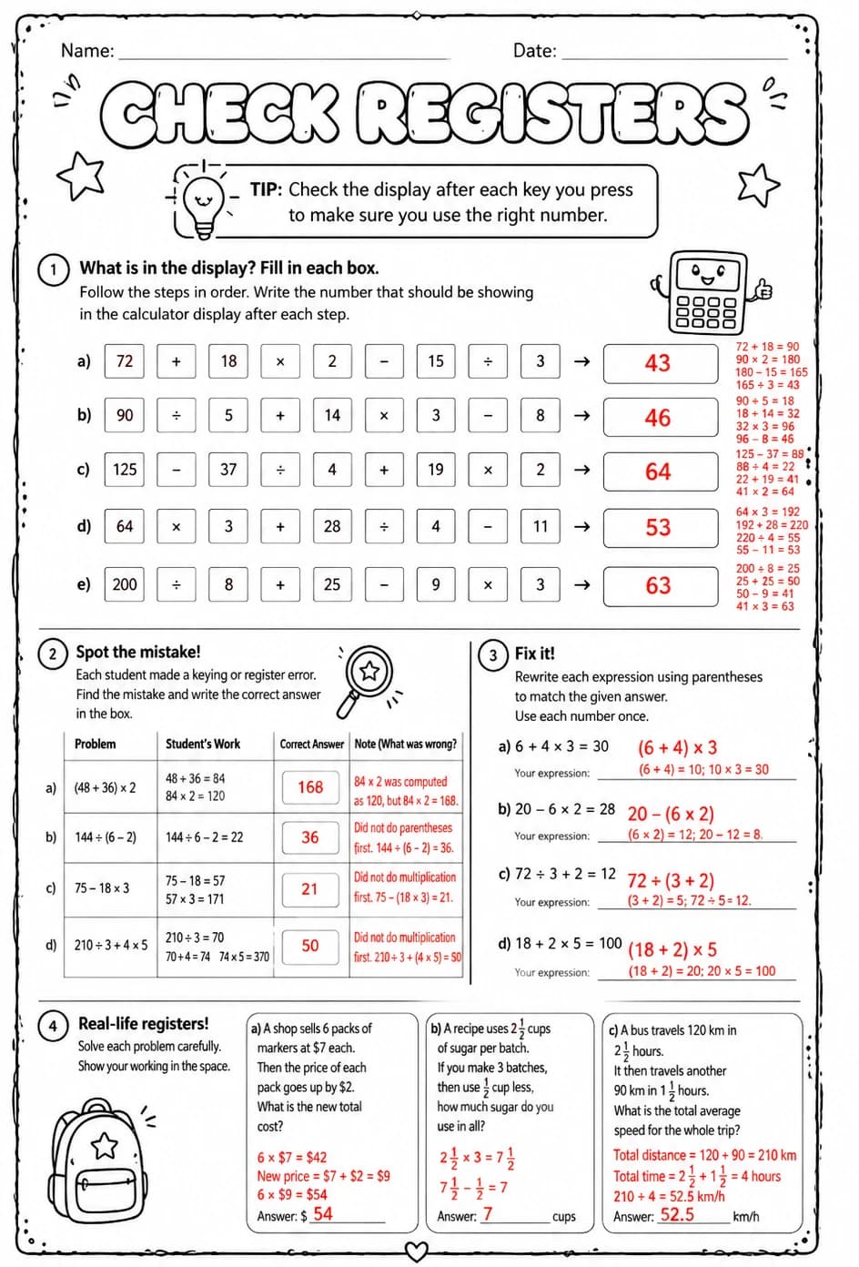 Answer key for Check registers — free printable Math worksheet