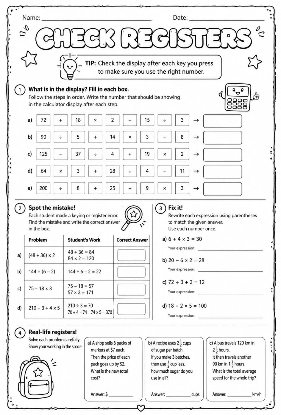 Check registers — free printable Grade 6 math worksheet