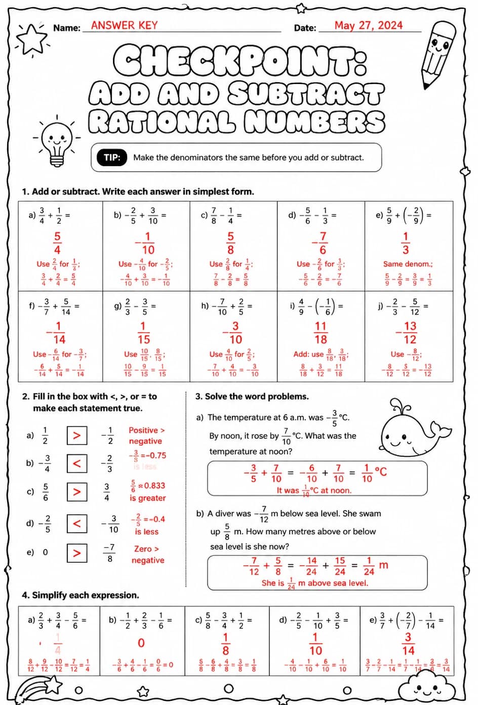 Answer key for Checkpoint: Add and subtract rational numbers — free printable Math worksheet