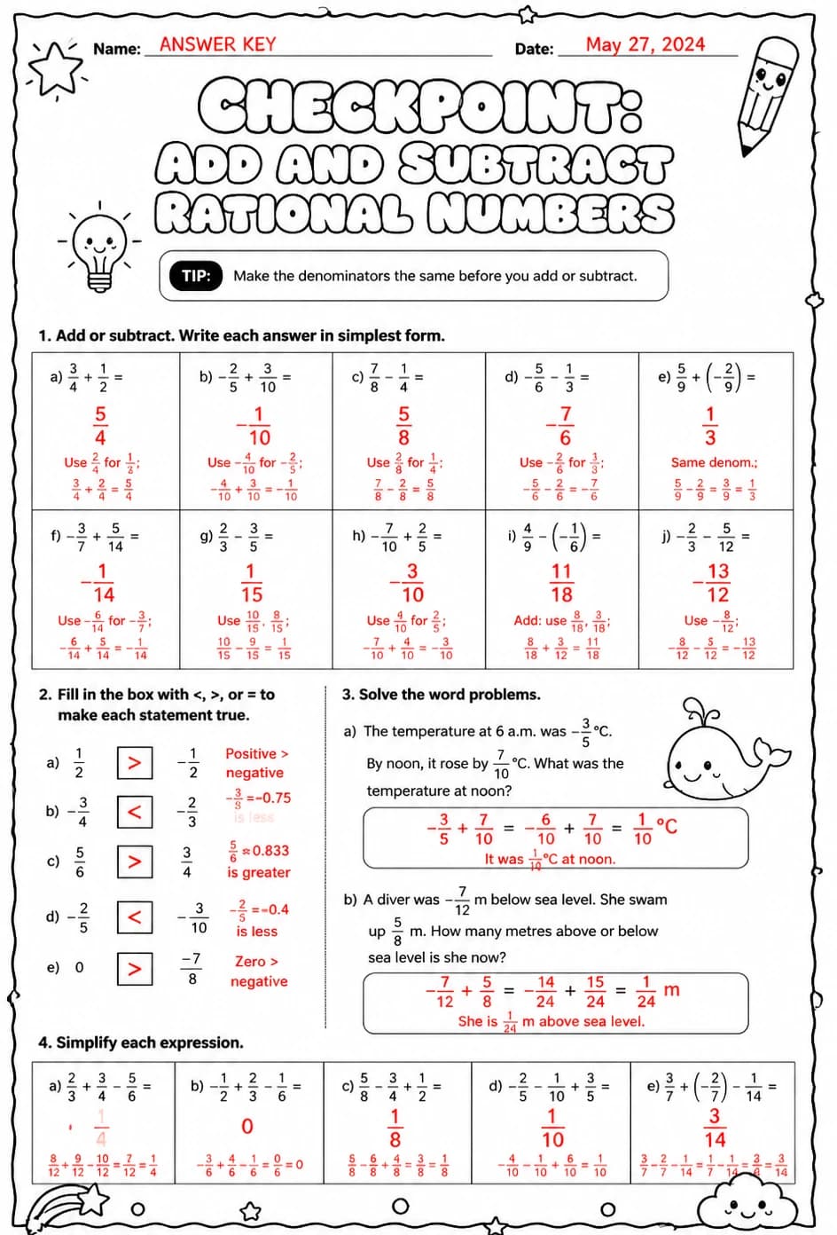 Answer key for Checkpoint: Add and subtract rational numbers — free printable Math worksheet