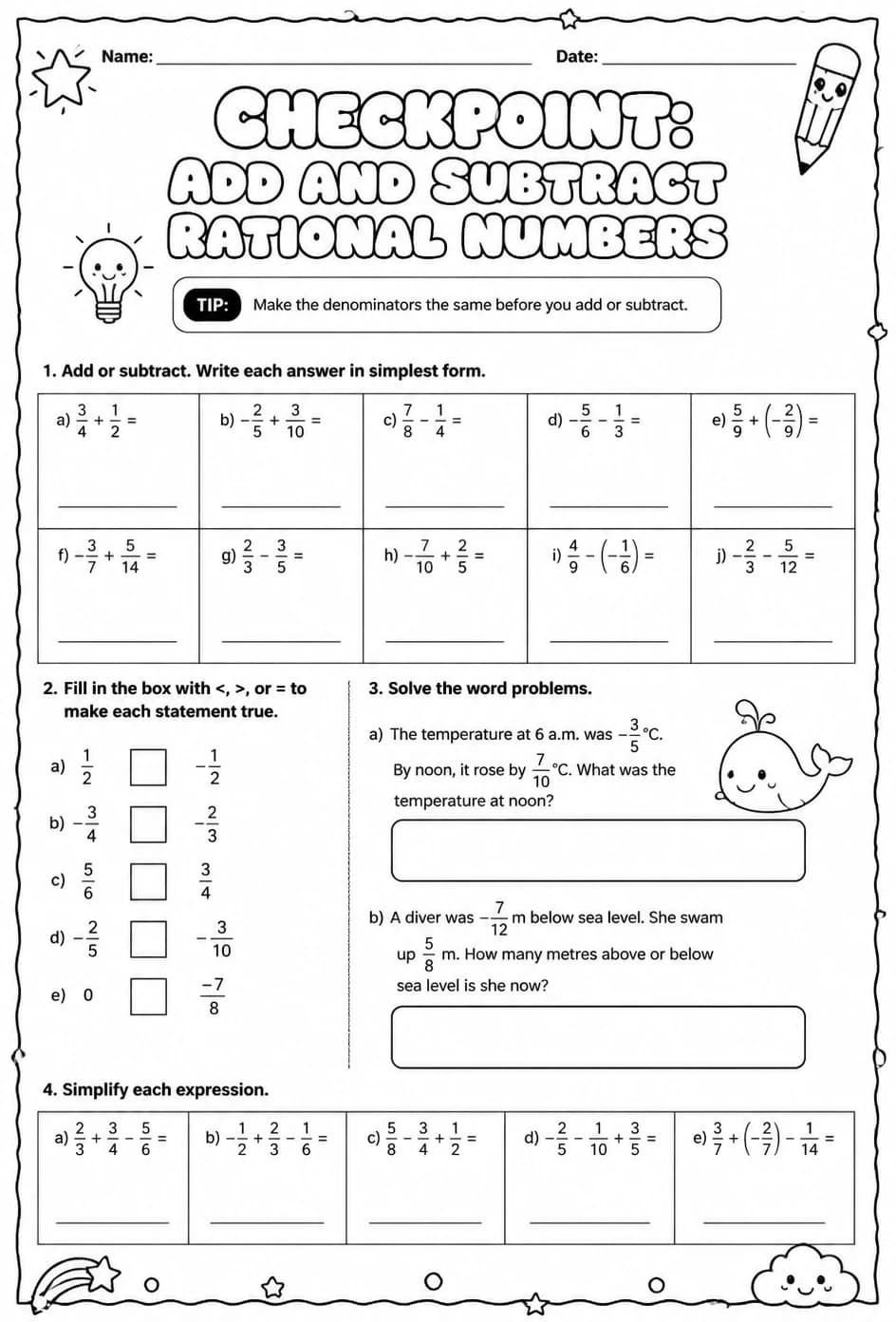 Checkpoint: Add and subtract rational numbers — free printable Grade 7 math worksheet