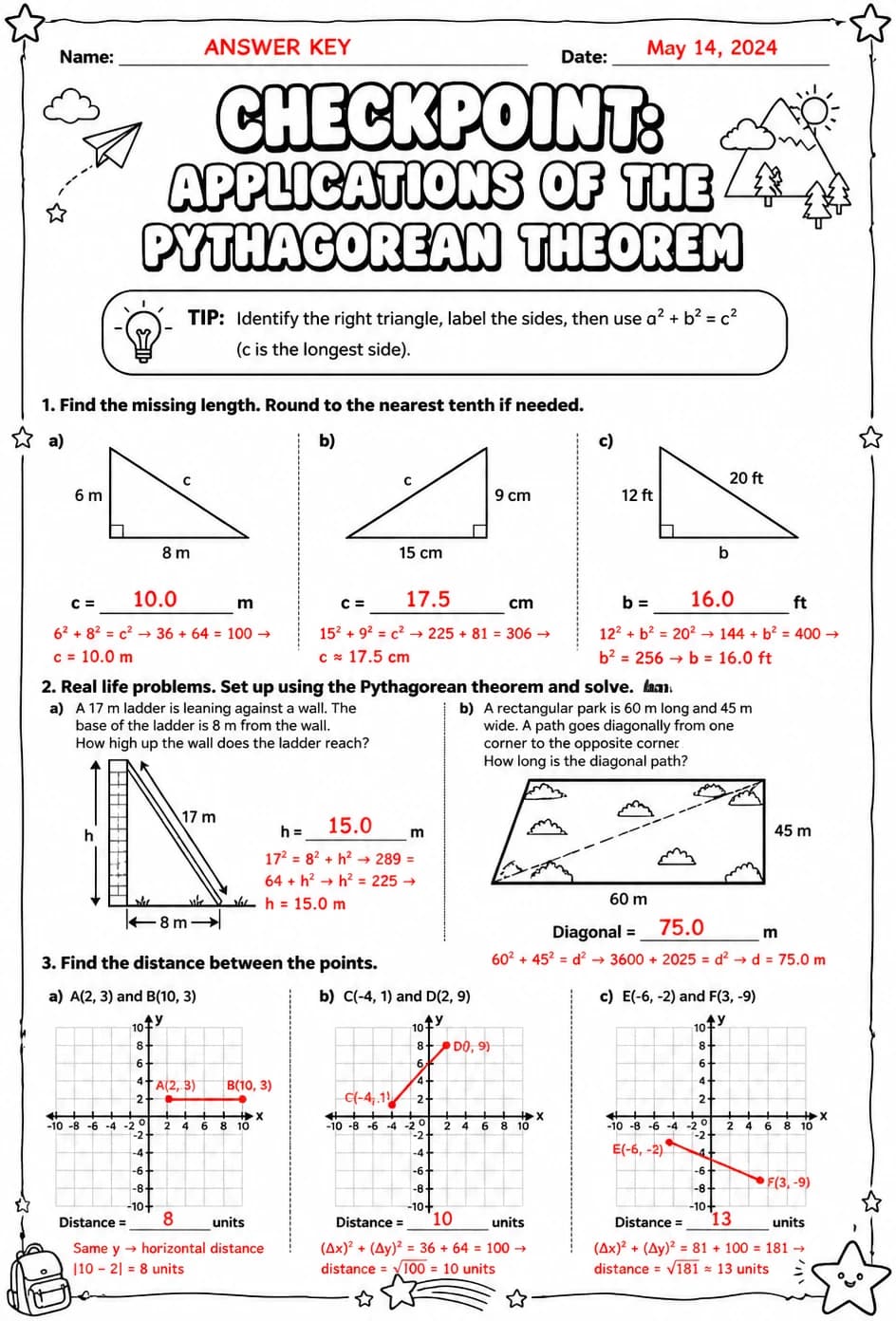 Answer key for Checkpoint: Applications of the Pythagorean theorem — free printable Math worksheet