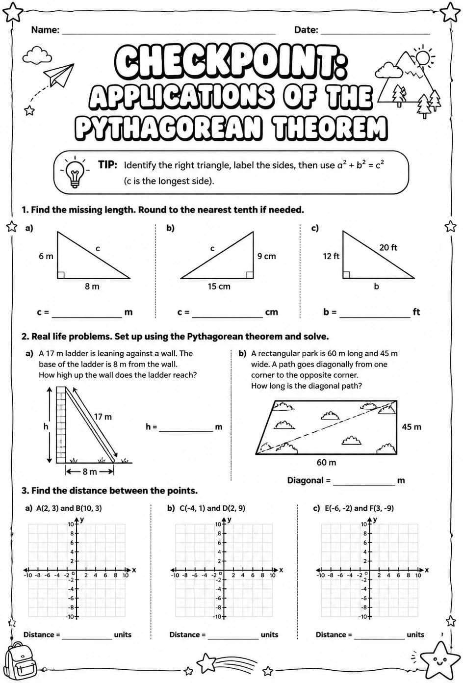 Checkpoint: Applications of the Pythagorean theorem — free printable Grade 8 math worksheet