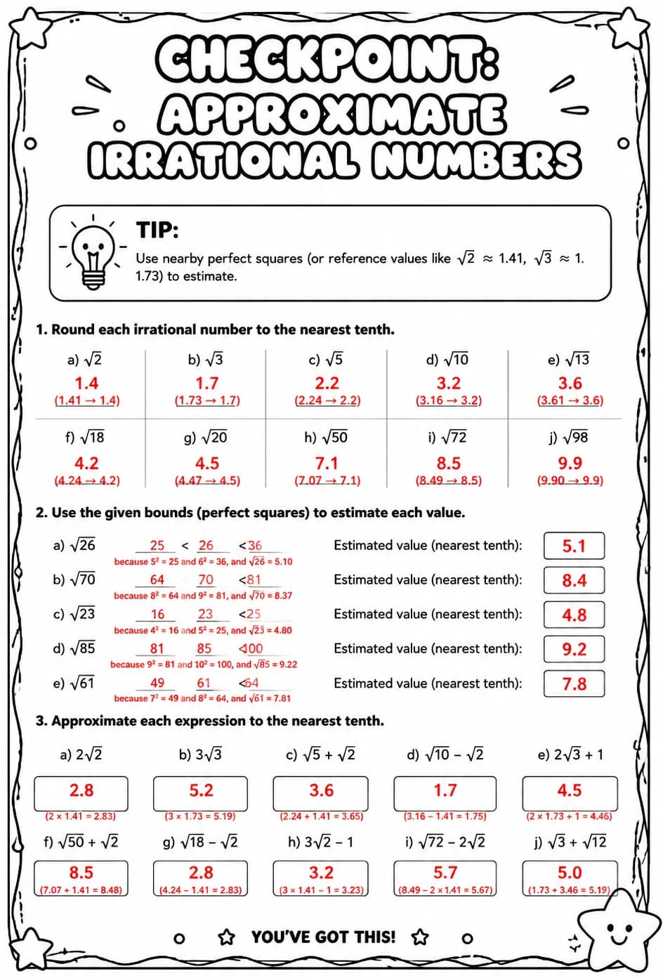 Answer key for Checkpoint: Approximate irrational numbers — free printable Math worksheet