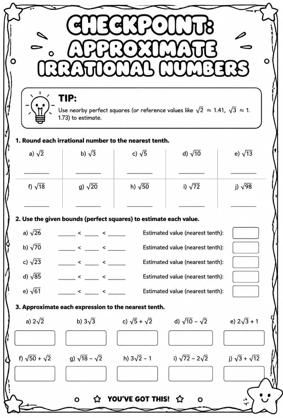 Checkpoint: Approximate irrational numbers — free printable Grade 8 math worksheet