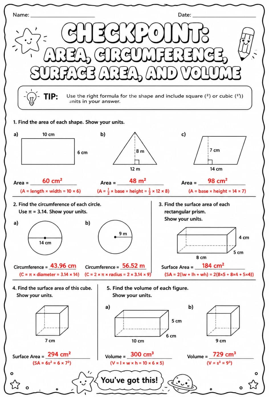 Answer key for Checkpoint: Area, circumference, surface area, and volume — free printable Math worksheet