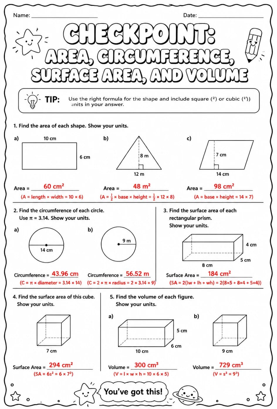 Answer key for Checkpoint: Area, circumference, surface area, and volume — free printable Math worksheet