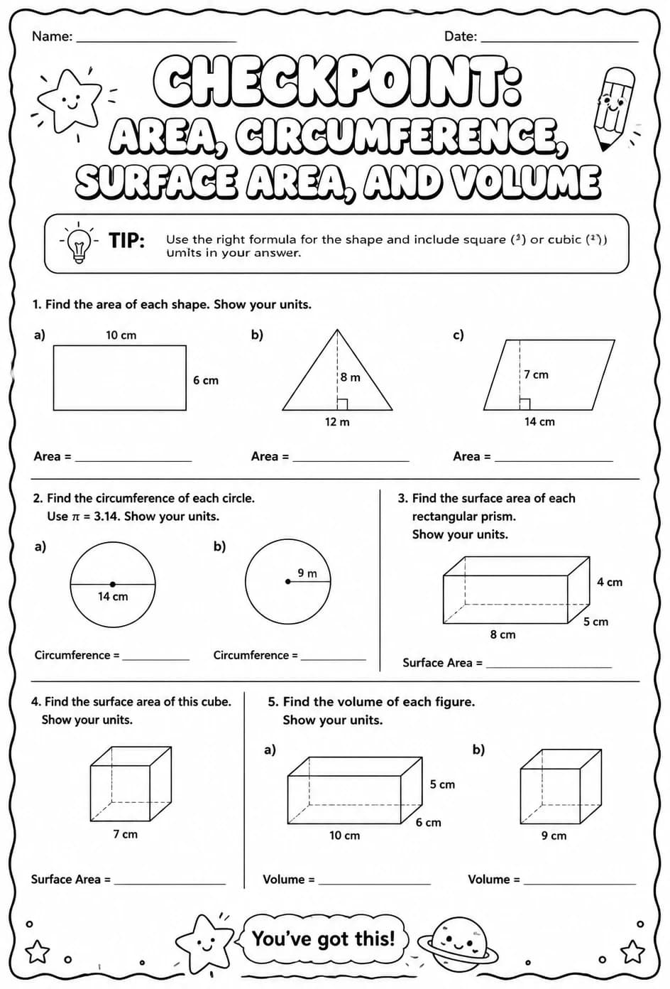 Checkpoint: Area, circumference, surface area, and volume