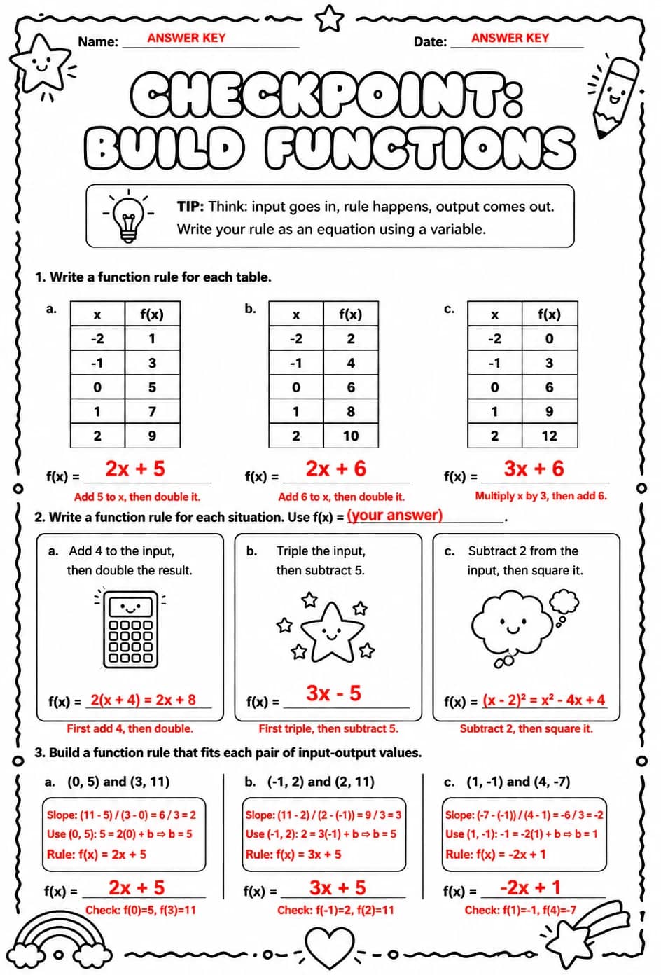 Answer key for Checkpoint: Build functions — free printable Math worksheet
