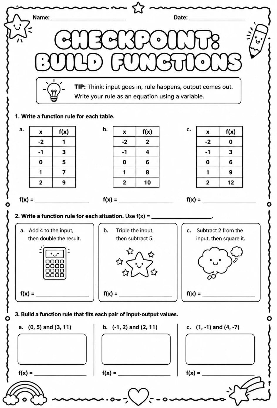 Checkpoint: Build functions — free printable Algebra 1 math worksheet