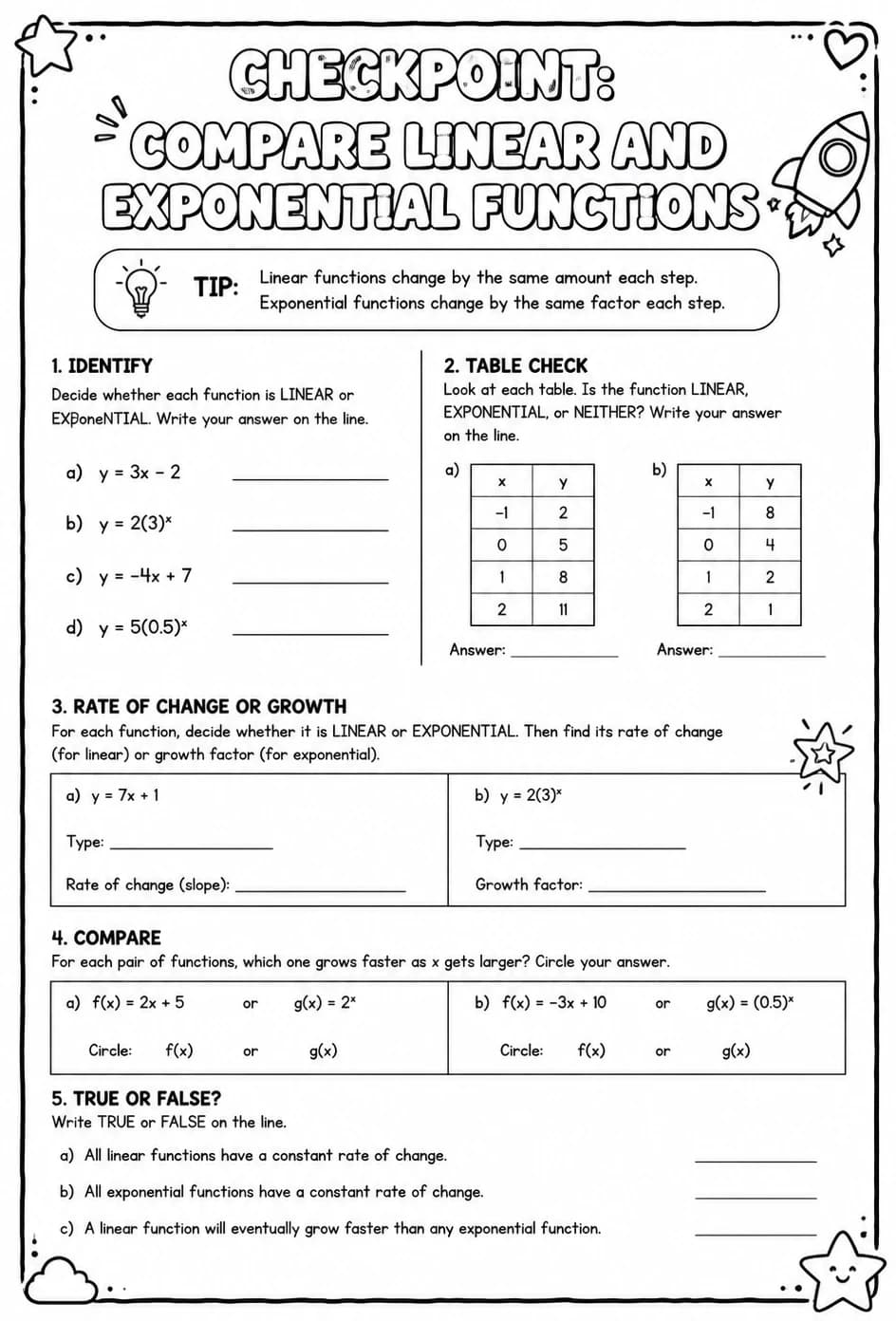 Checkpoint: Compare linear and exponential functions — free printable Algebra 1 math worksheet