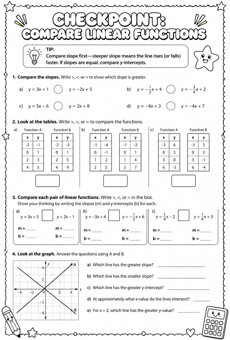 Checkpoint: Compare linear functions — free printable Grade 8 math worksheet