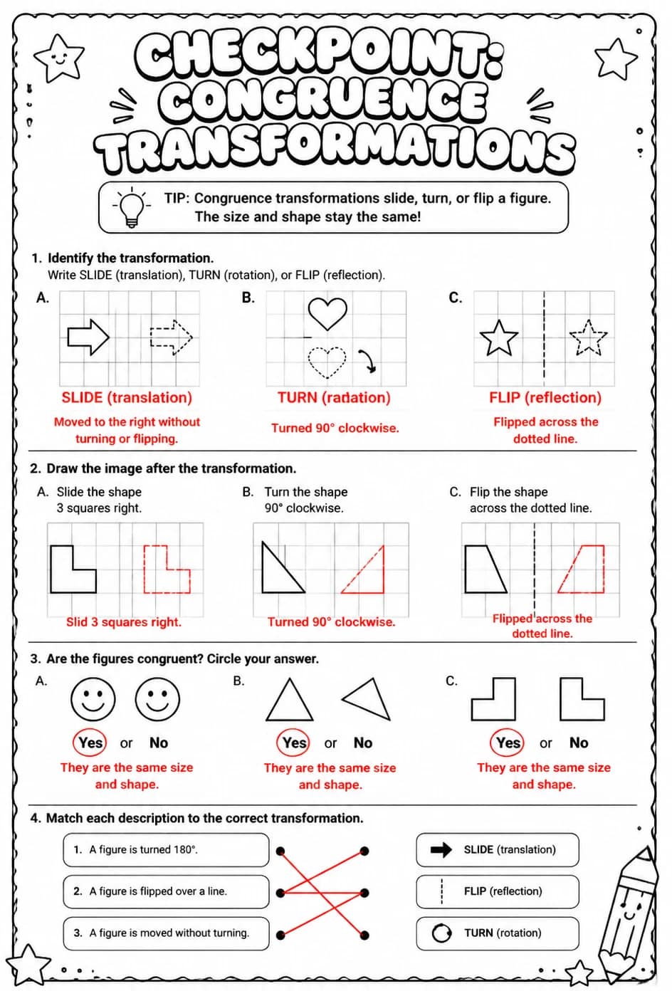 Answer key for Checkpoint: Congruence transformations — free printable Math worksheet