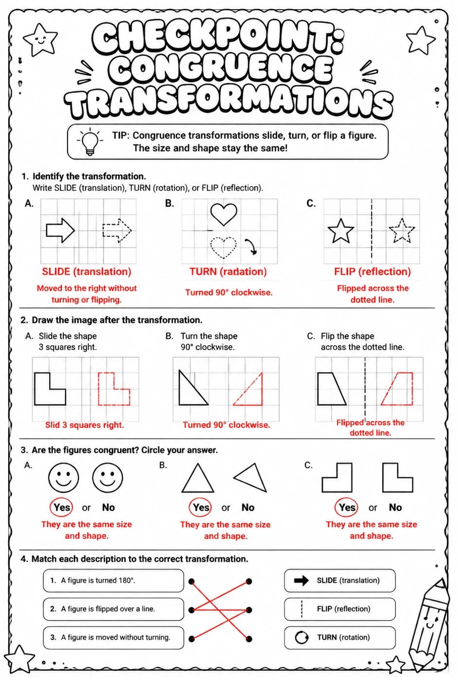 Answer key for Checkpoint: Congruence transformations — free printable Math worksheet